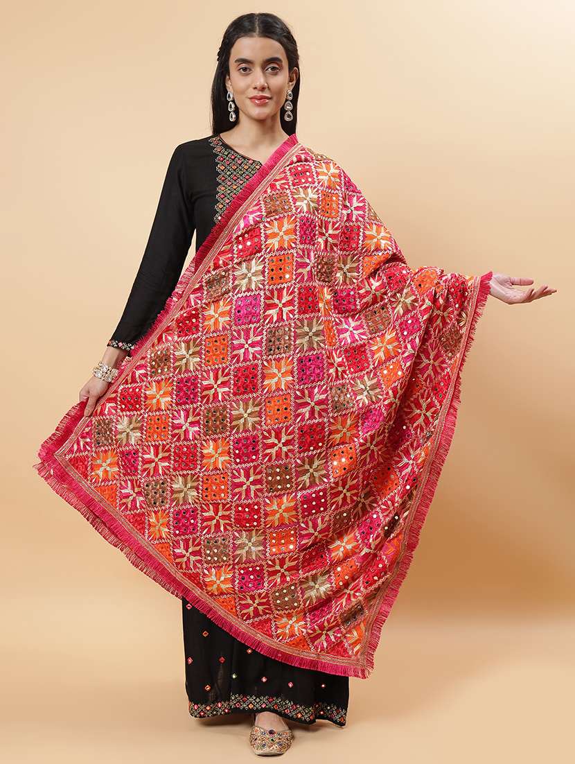 women phulkari dupatta with mirror work
