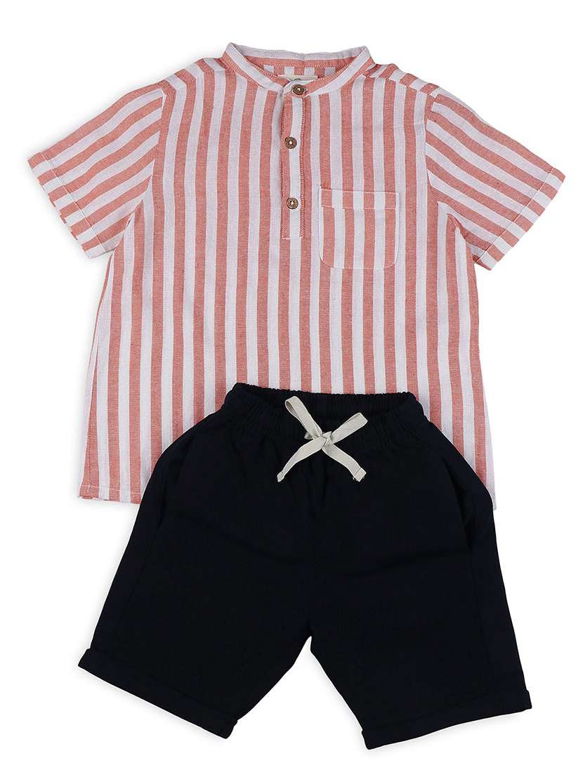 boys peach stripes shirts & shorts set