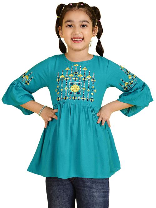 girls embroidered three quarter sleeve flared kurti - 21708029 -  Standard Image - 0