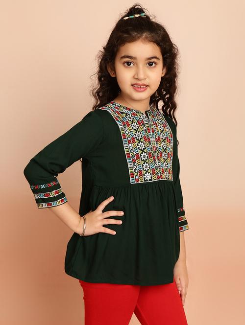 girls embroidered three quarter sleeve flared kurti - 21708070 -  Standard Image - 0