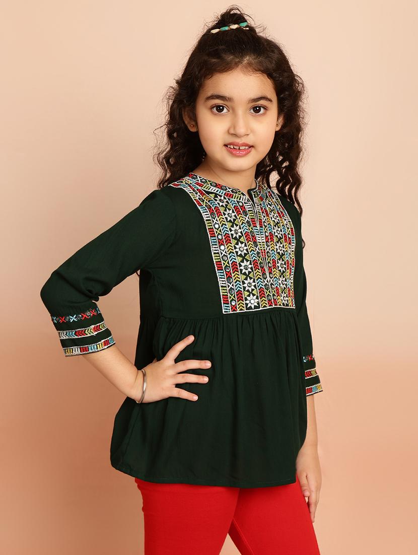 girls embroidered three quarter sleeve flared kurti - 21708070 -  Zoom Image - 0
