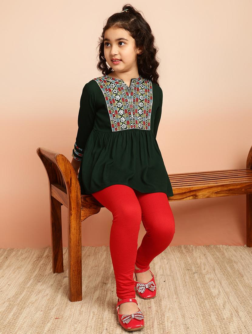 girls embroidered three quarter sleeve flared kurti - 21708070 - Standard Image - 3