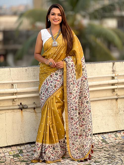 women mustard printed saree with blouse - 21708440 -  Standard Image - 0