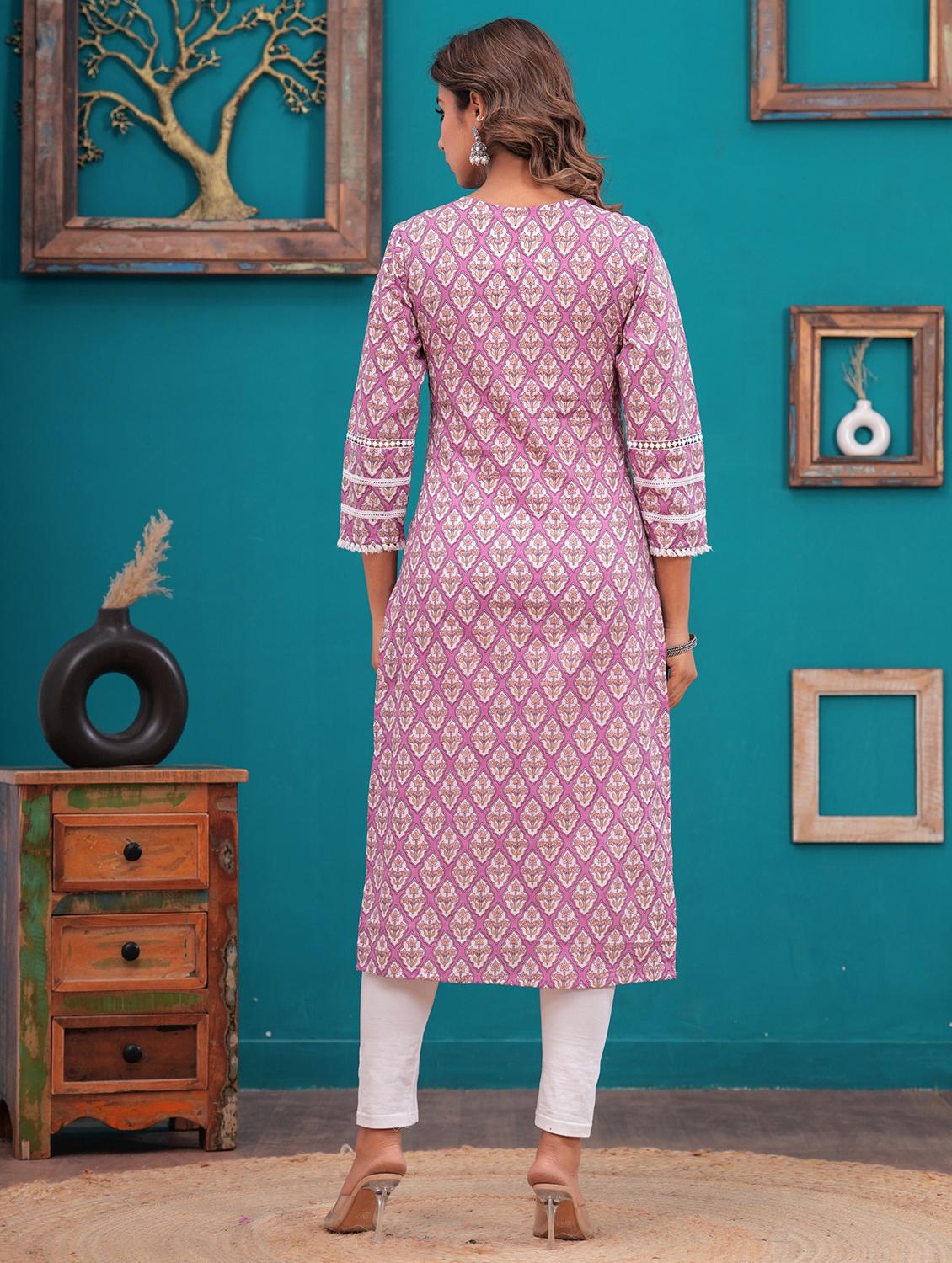 women floral three quarter sleeve straight kurta - 21709159 - Standard Image - 3