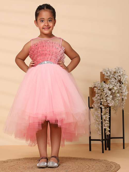 girls embellished round neck high low frock - 21709306 - Standard Image - 0