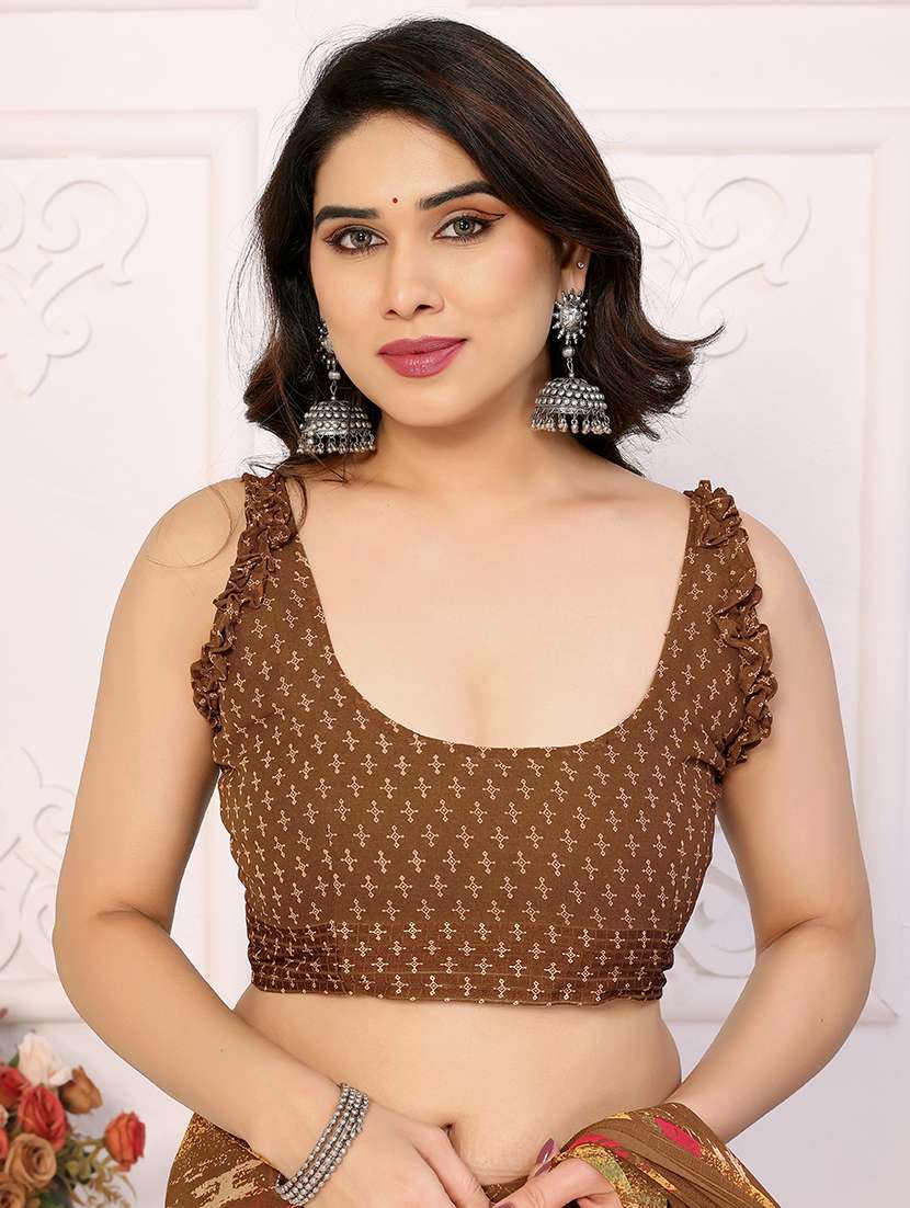 women brown printed saree with blouse - 21709474 -  Standard Image - 3