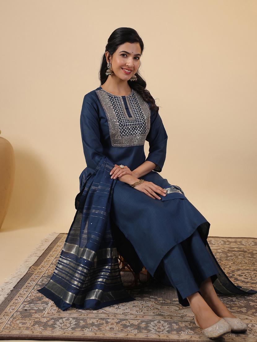 women three quarter sleeve kurta pant with dupatta set - 21709484 - Standard Image - 3