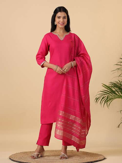 women three quarter sleeve kurta pant with dupatta set - 21709490 -  Standard Image - 0