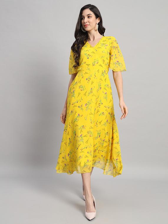 women floral print bell sleeves fit & flare dress