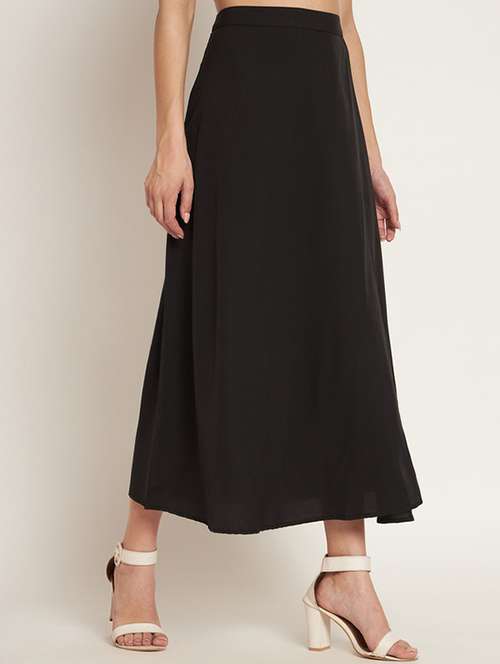 women solid high rise flared high slit skirt
