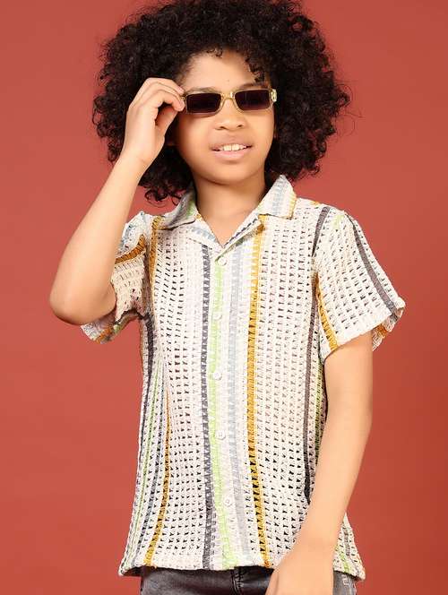 boys cream striped cuban collar shirt - 21710626 - Standard Image - 0