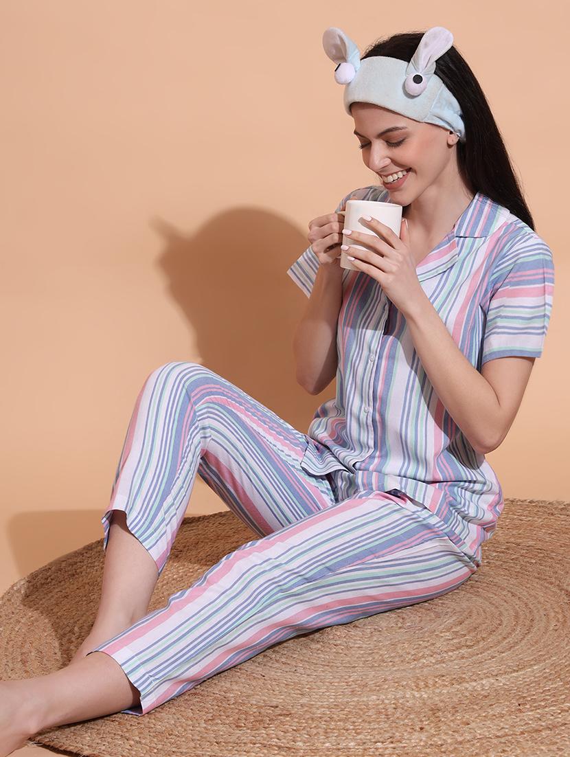 women striped nightwear pyjama set - 21711026 - Standard Image - 3