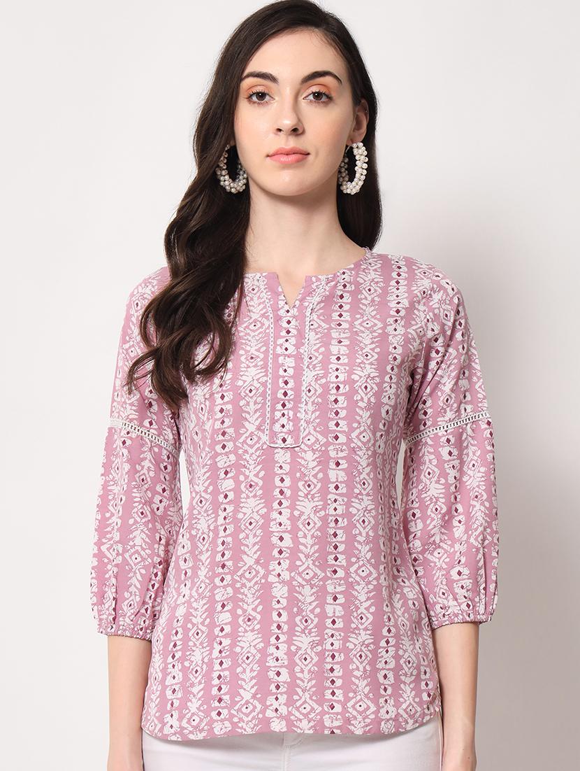 women pink printed notch neck straight top - 21711041 -  Zoom Image - 0