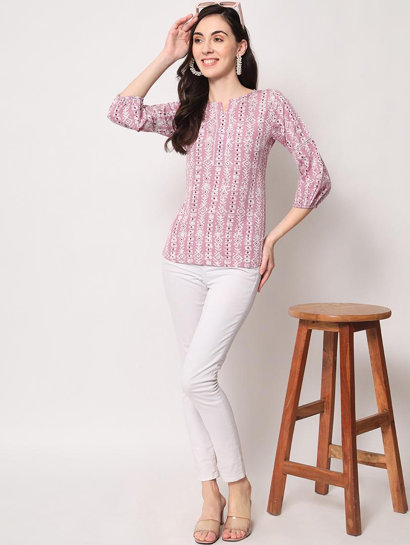 women pink printed notch neck straight top - 21711041 - Standard Image - 3