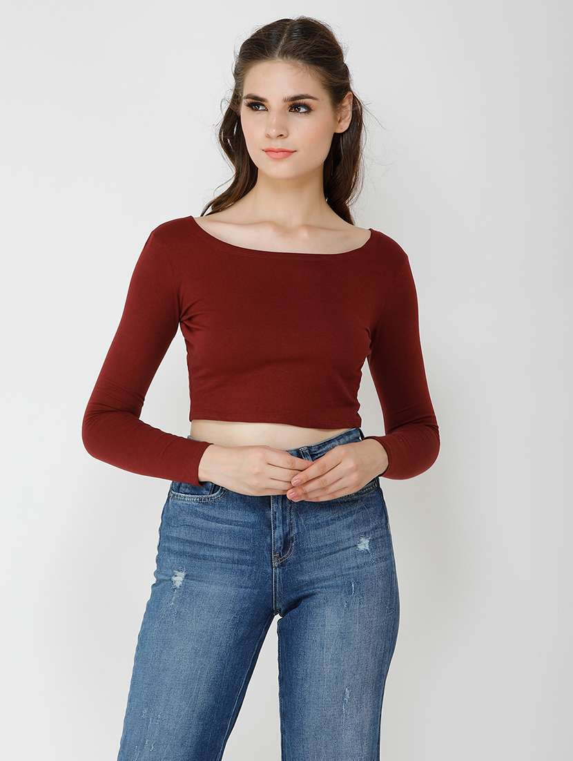 women solid long sleeves crop top