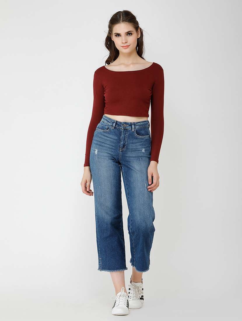 women solid long sleeves crop top - 21711117 -  Standard Image - 3