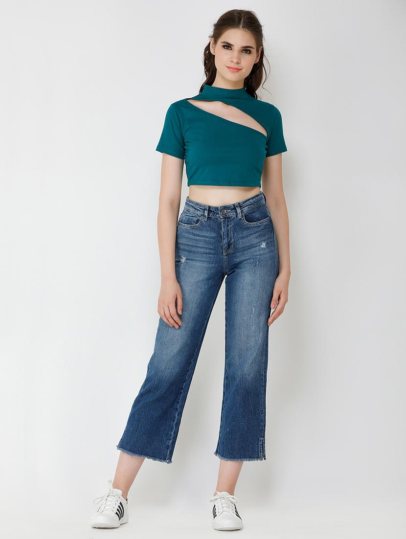 women solid cut out detailed short sleeves crop top - 21711128 - Standard Image - 3
