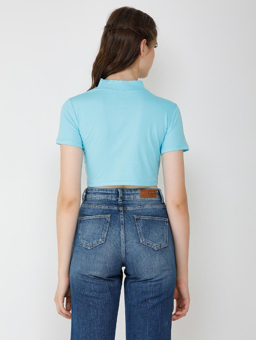 women solid cut out detailed short sleeves crop top - 21711129 - Standard Image - 3