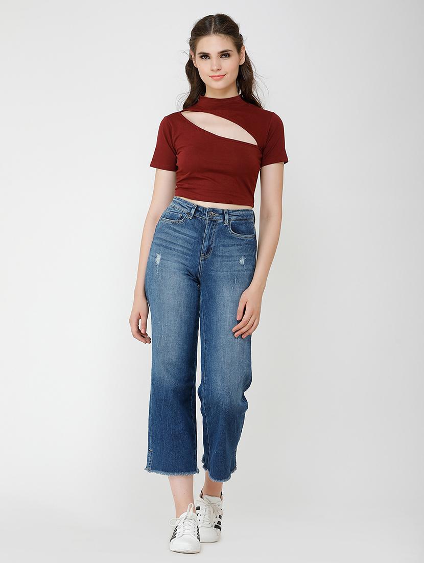 women solid cut out detailed short sleeves crop top - 21711131 - Standard Image - 3