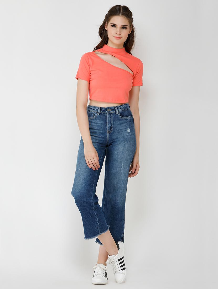 women solid cut out detailed crop top - 21711200 - Standard Image - 3