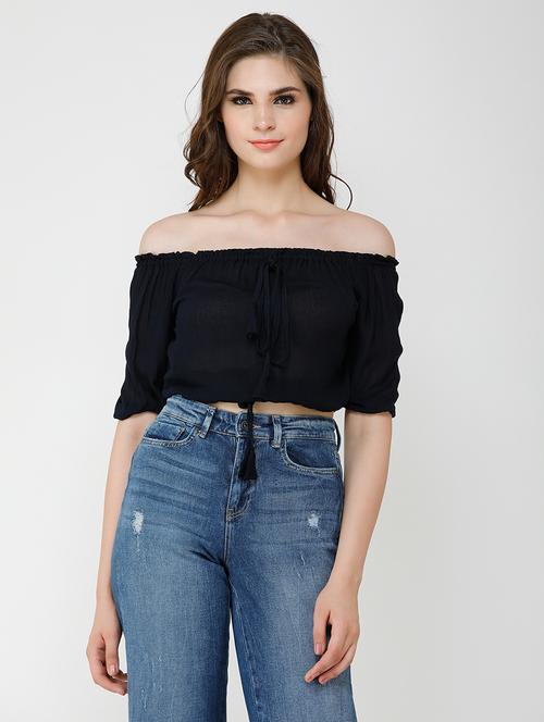 women solid off shoulder crop top - 21711207 -  Standard Image - 0