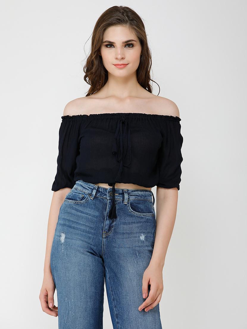 women solid off shoulder crop top - 21711207 -  Zoom Image - 0