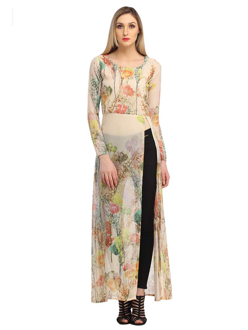 women cream floral printed front slit long tunic