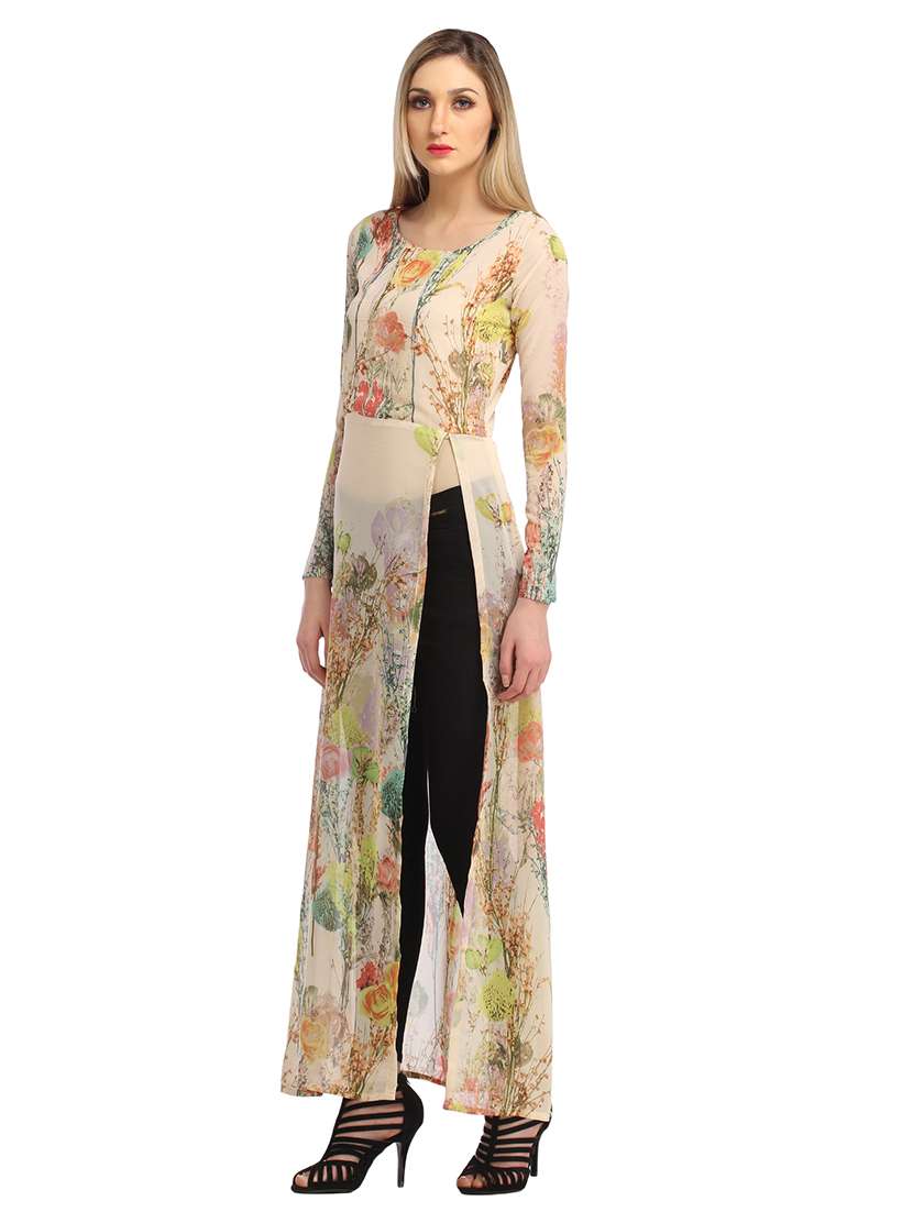 women cream floral printed front slit long tunic - 21711312 -  Standard Image - 3