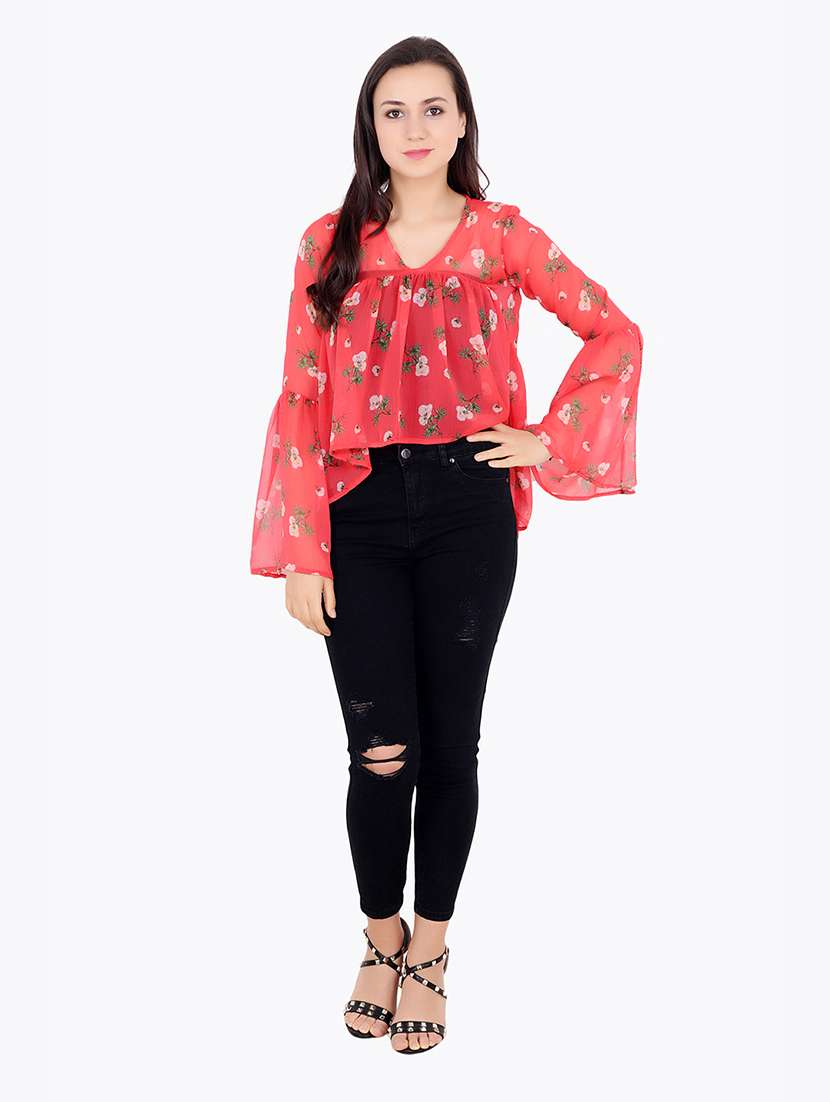 women printed bell sleeves high low top - 21711314 -  Standard Image - 3