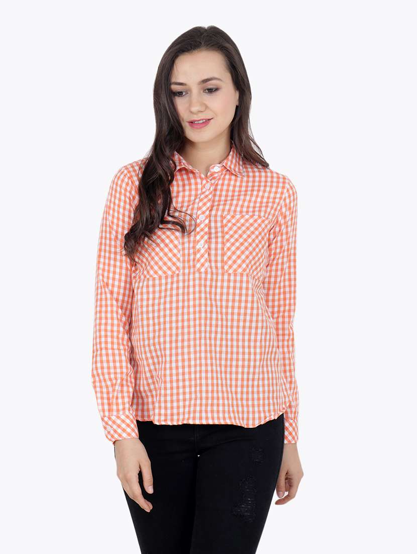 women checkered round neck high low top