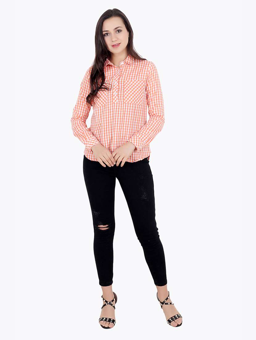 women checkered round neck high low top - 21711340 - Standard Image - 3