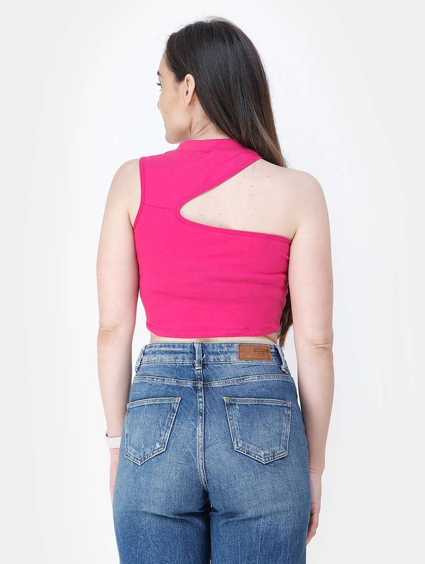 women solid single shoulder crop top - 21711342 -  Standard Image - 3