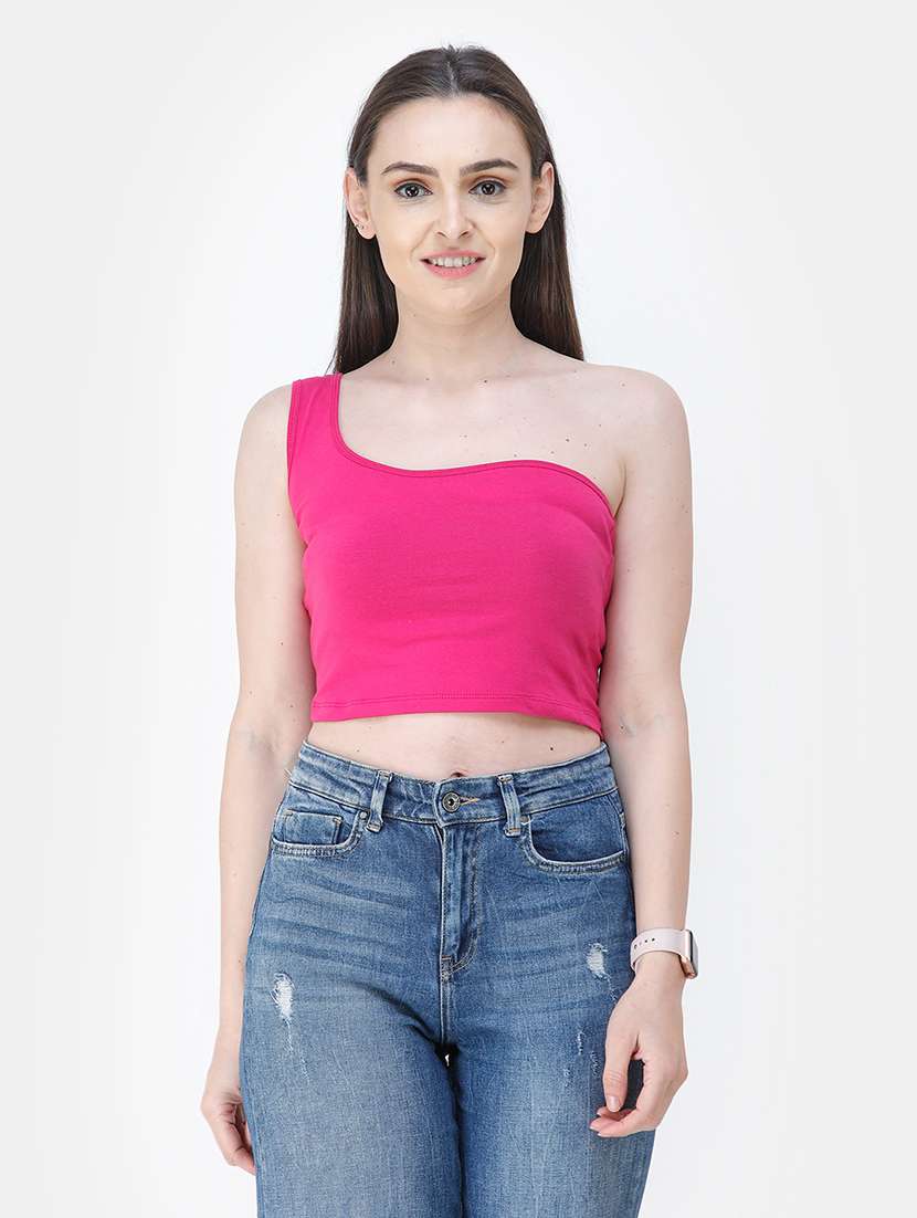 women solid single shoulder crop top