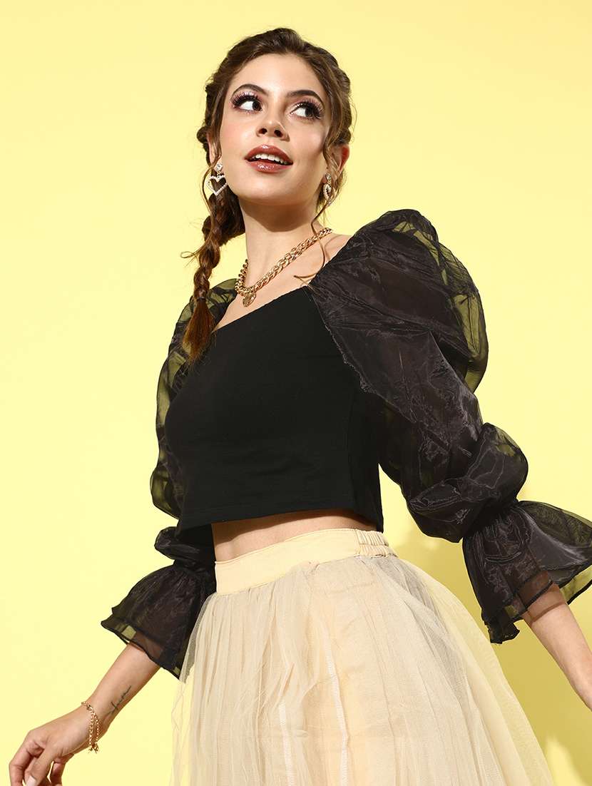 women solid puff sleeves crop top