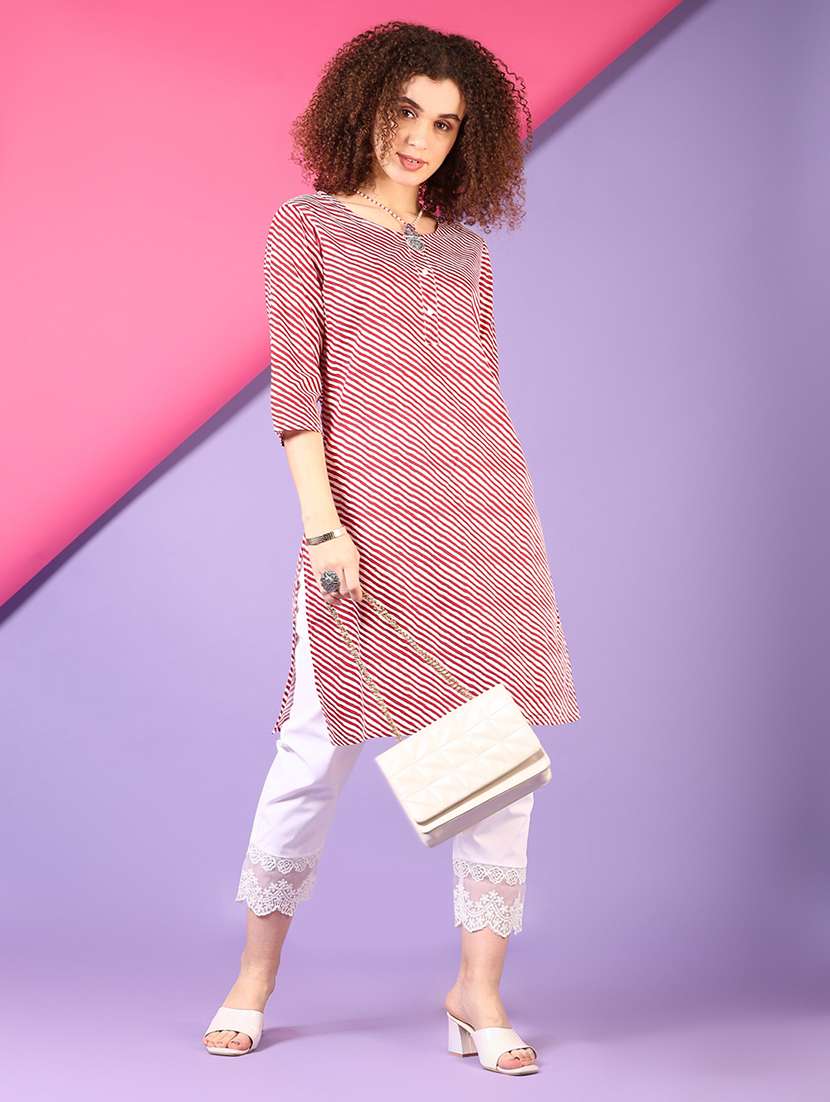 women striped three quarter sleeve straight kurta - 21711679 -  Standard Image - 3