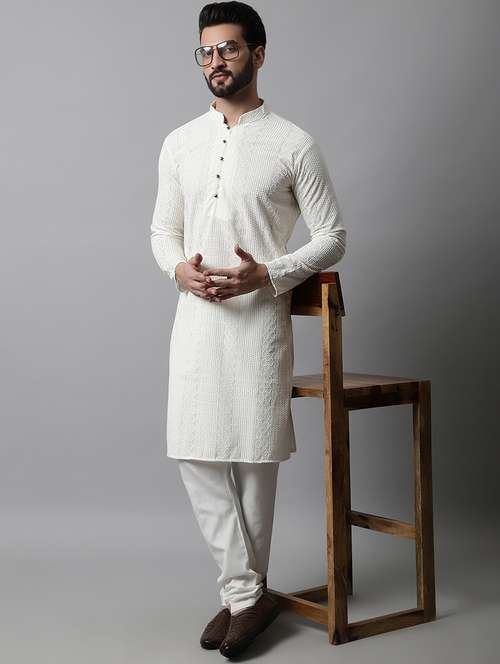 men mandarin neck embroidered kurta pyjama set - 21711757 - Standard Image - 0