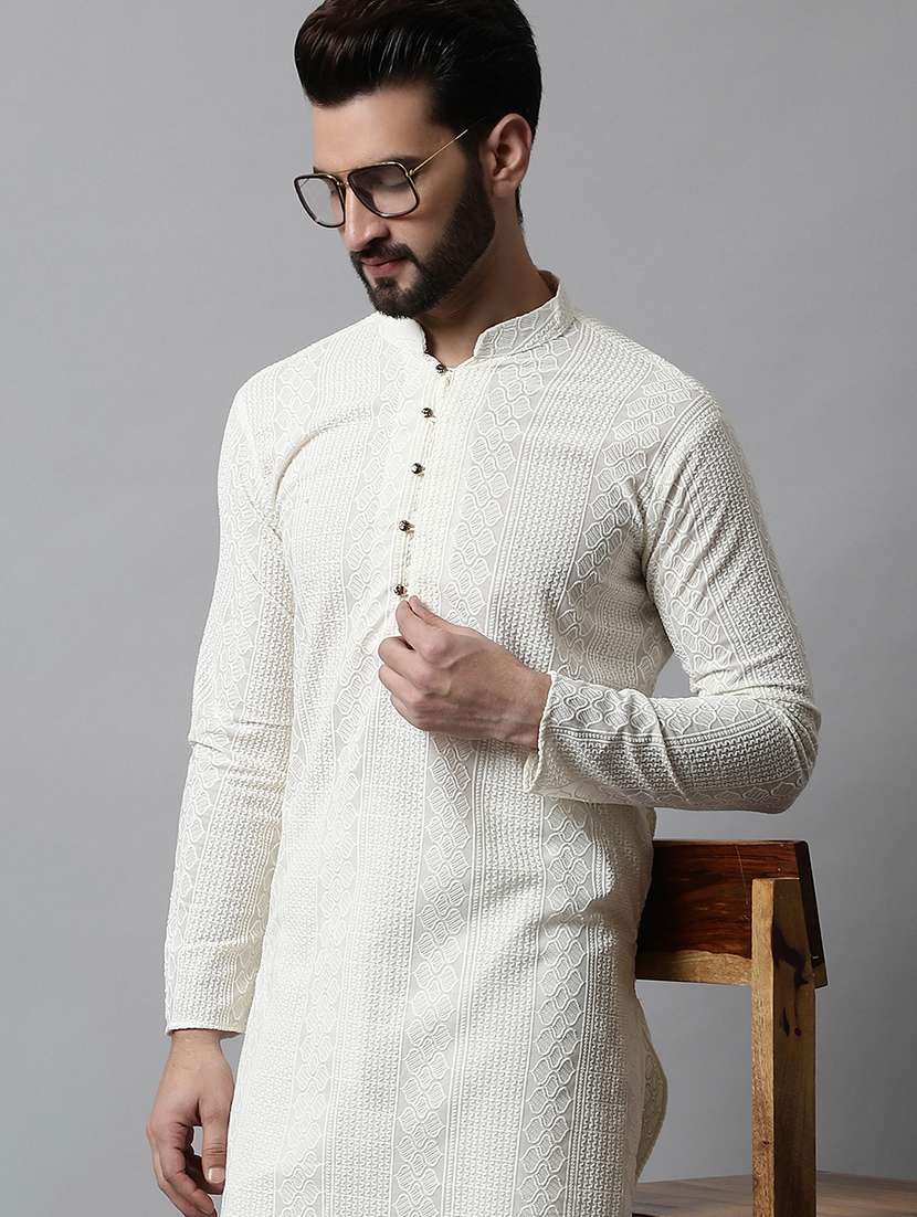 men mandarin neck embroidered kurta pyjama set - 21711757 - Standard Image - 3