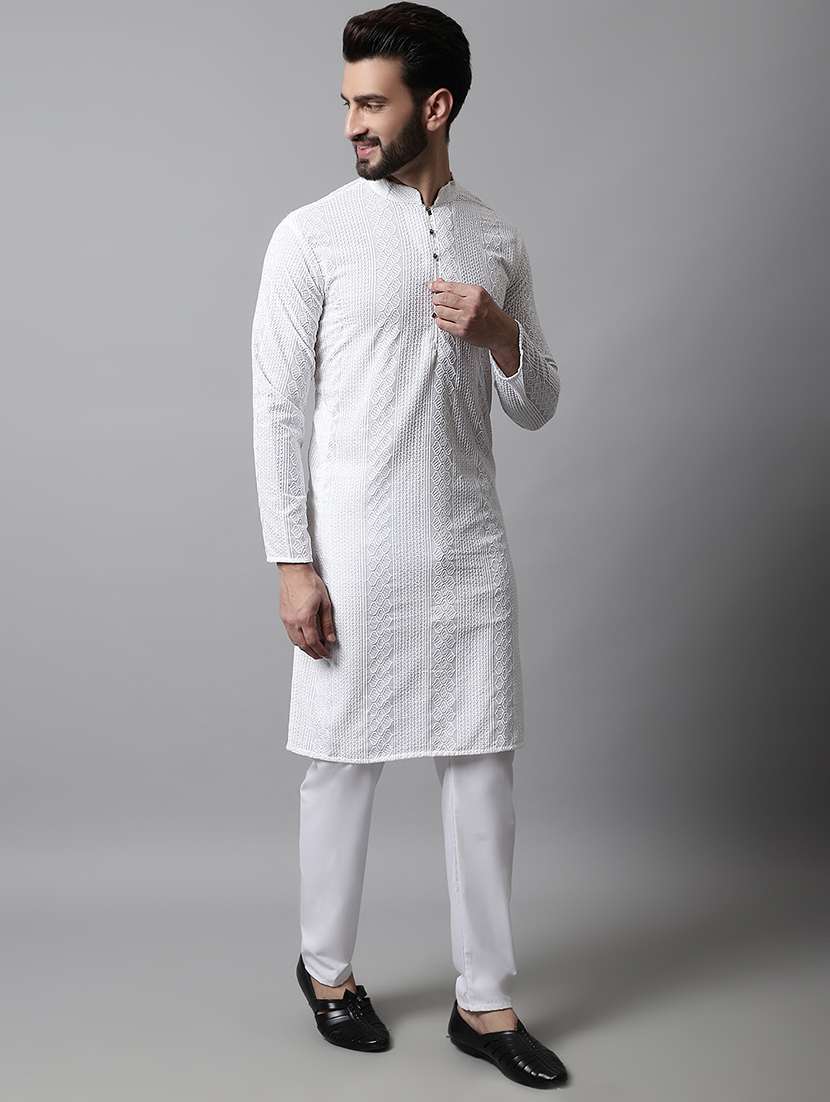 men mandarin neck embroidered kurta pyjama set