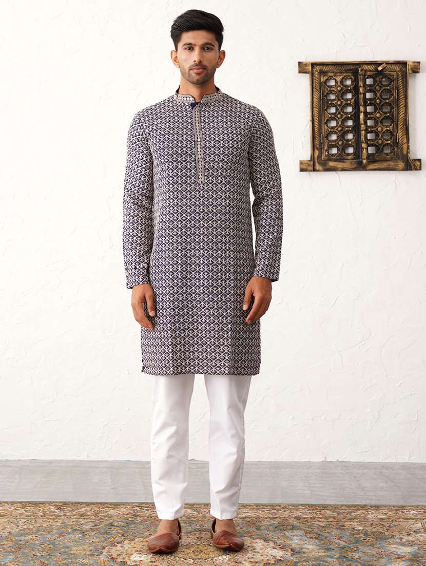 men mandarin neck embroidered kurta pyjama set