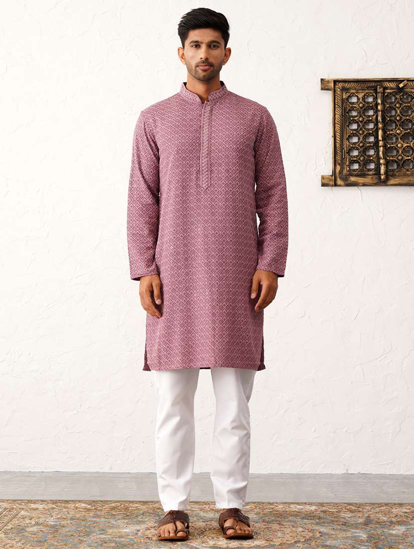 men mandarin neck embroidered kurta pyjama set - 21711771 - Zoom Image - 0