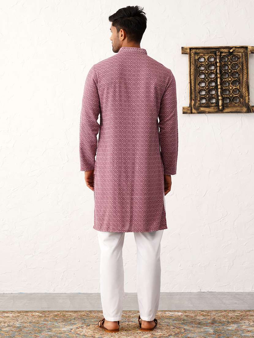 men mandarin neck embroidered kurta pyjama set - 21711771 - Standard Image - 3