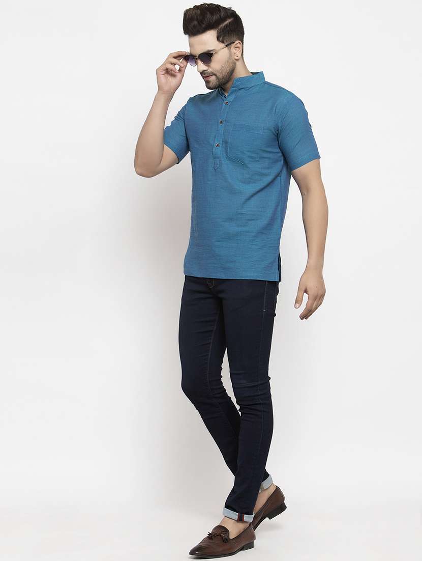 men mandarin neck solid short kurta - 21712139 - Standard Image - 3