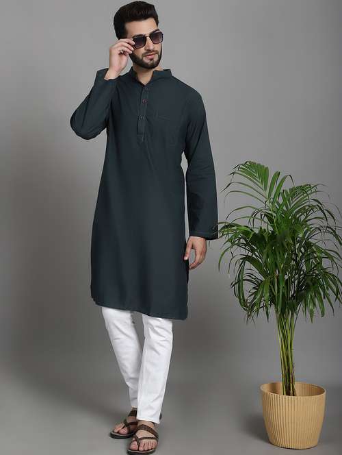 men mandarin neck solid long kurta - 21712140 - Standard Image - 0