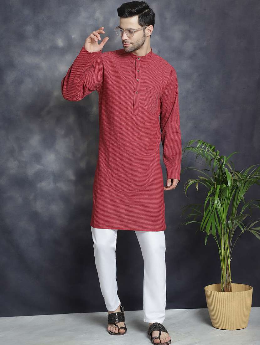 men mandarin neck striped long kurta - 21712160 - Zoom Image - 0