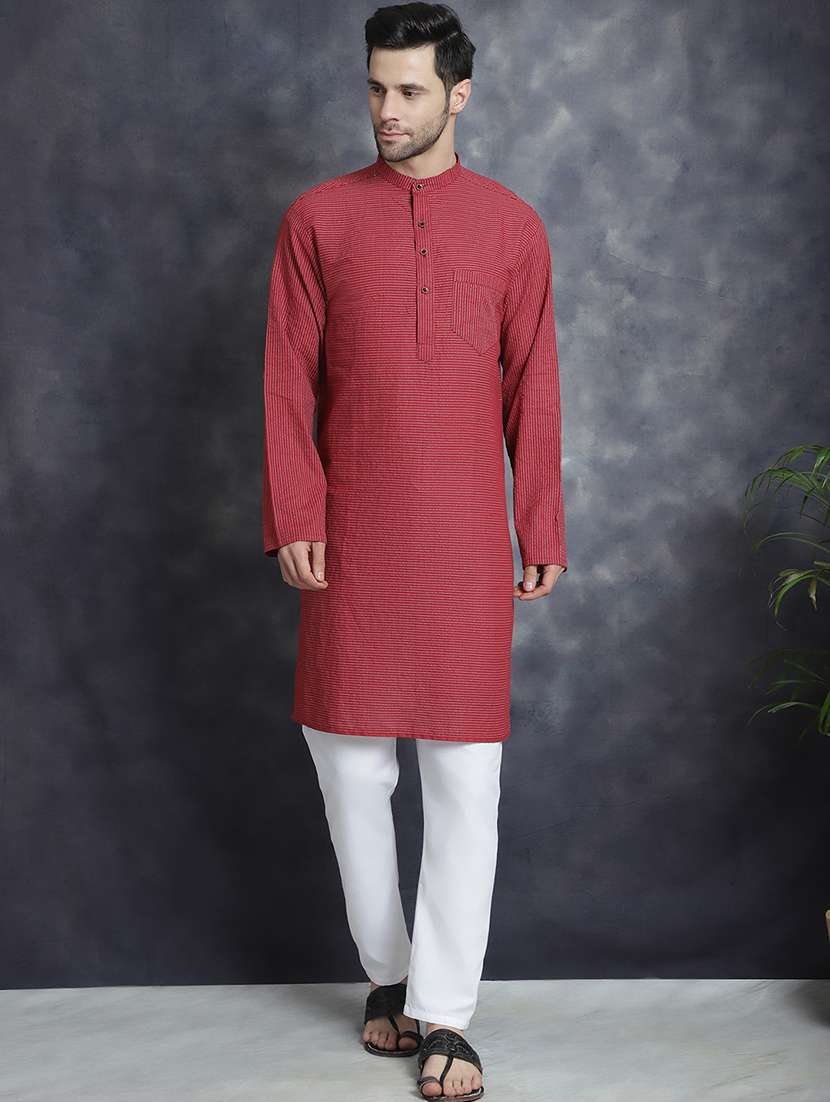 men mandarin neck striped long kurta - 21712160 - Standard Image - 3