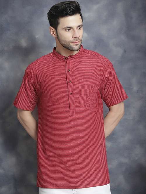 men mandarin neck striped short kurta - 21712161 - Standard Image - 0
