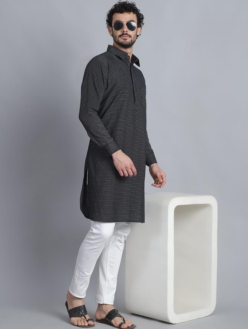 men long sleeves striped pathani kurta