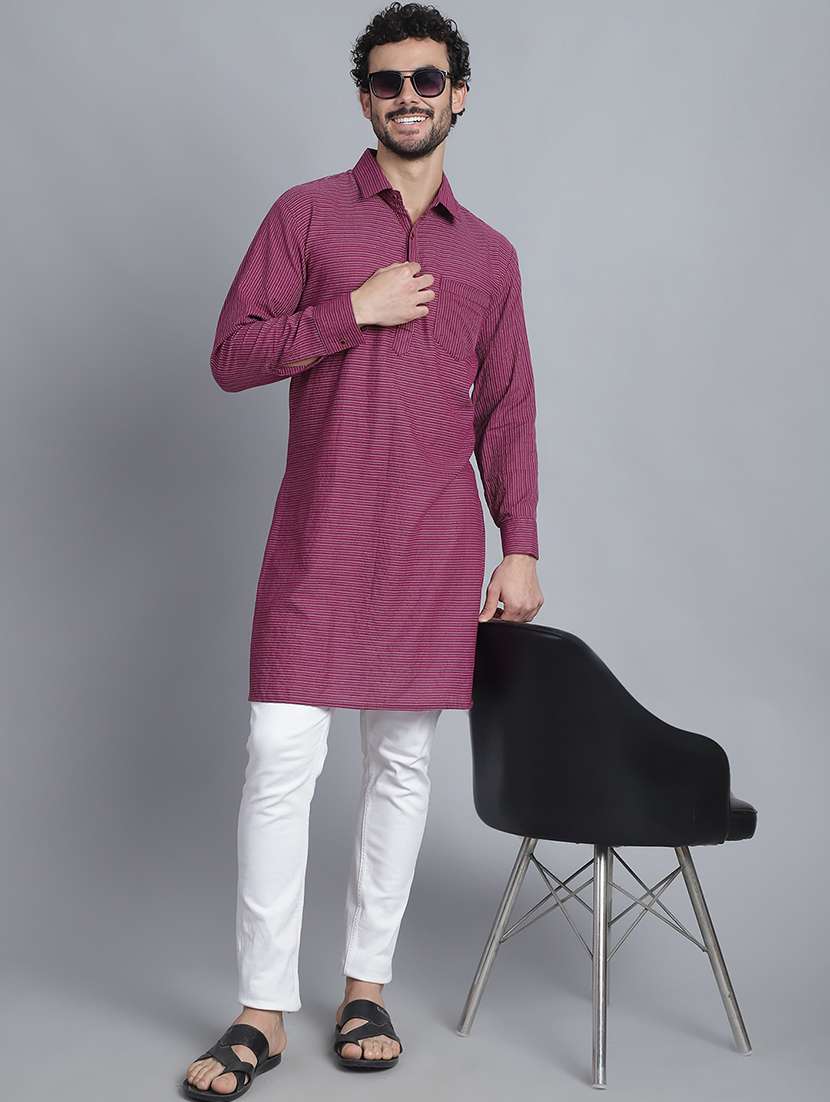 men long sleeves striped pathani kurta