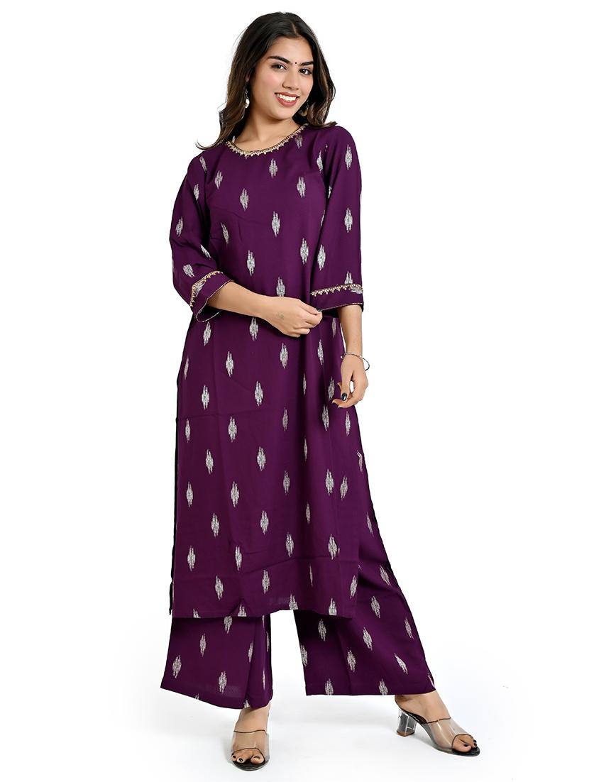 women purple ikat round neck kurta palazzo set - 21712232 - Zoom Image - 0