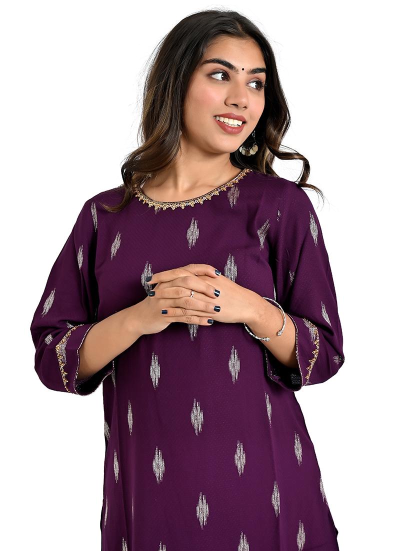 women purple ikat round neck kurta palazzo set - 21712232 - Standard Image - 3